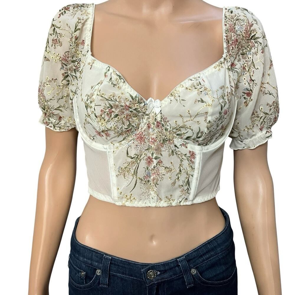 Francescas Floral Corset Top Large Puff Sleeve Embroidered Fairy Cottagecore
